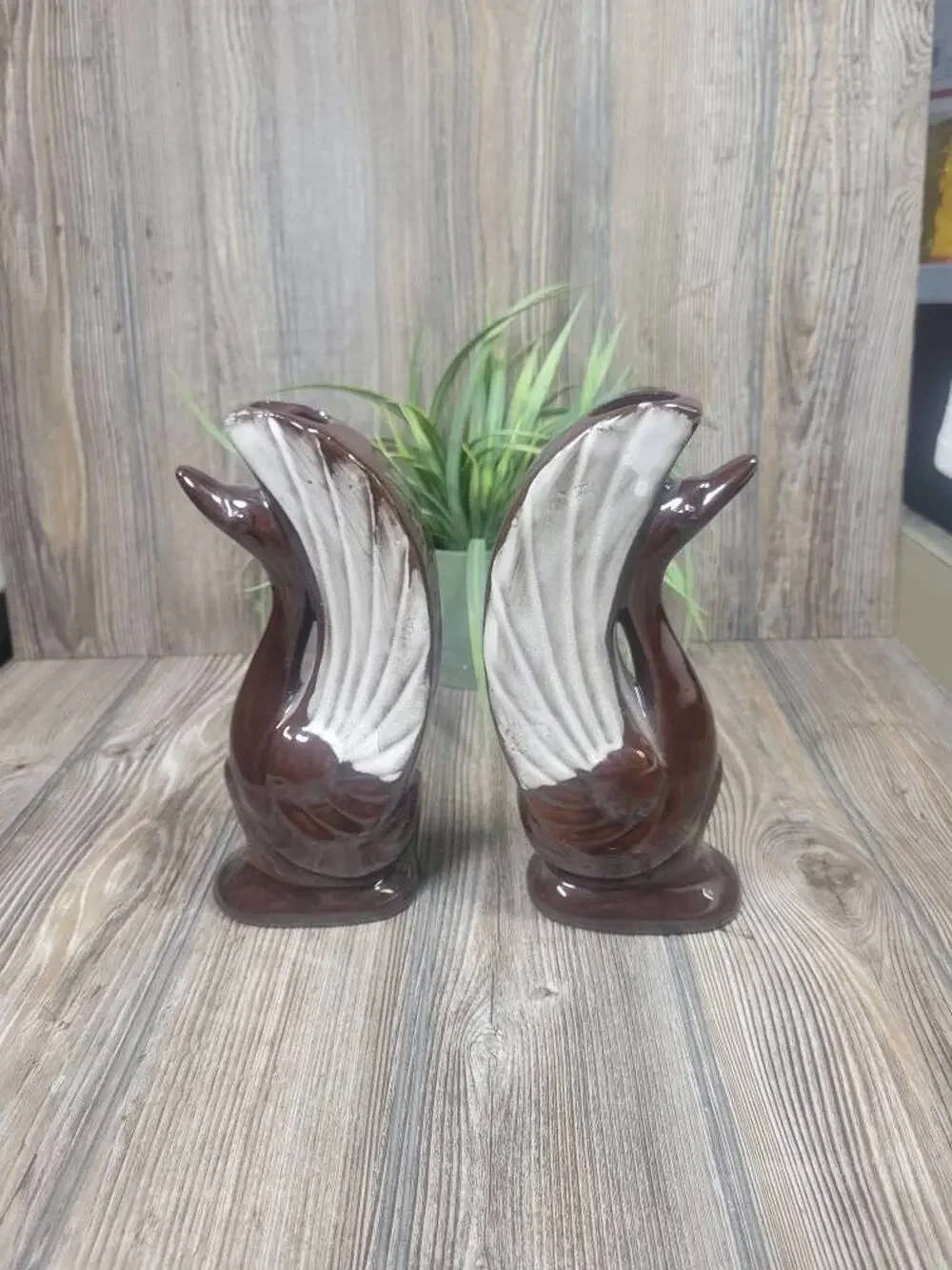 Vintage MCM Brown Drip Redware Swan Vases Art Deco Pottery Figurines Set 8-1/4" - Picture 1 of 5